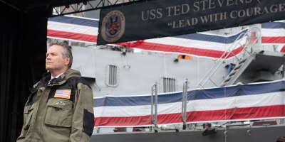 Gov. Mike Dunleavy, Alaska, participates in the commissioning ceremony for USS Ted Stevens (DDG 128), in Whittier, Alaska, Oct. 3, 2026.