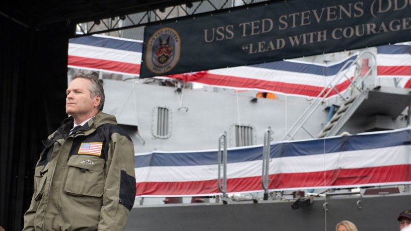 Gov. Mike Dunleavy, Alaska, participates in the commissioning ceremony for USS Ted Stevens (DDG 128), in Whittier, Alaska, Oct. 3, 2026.