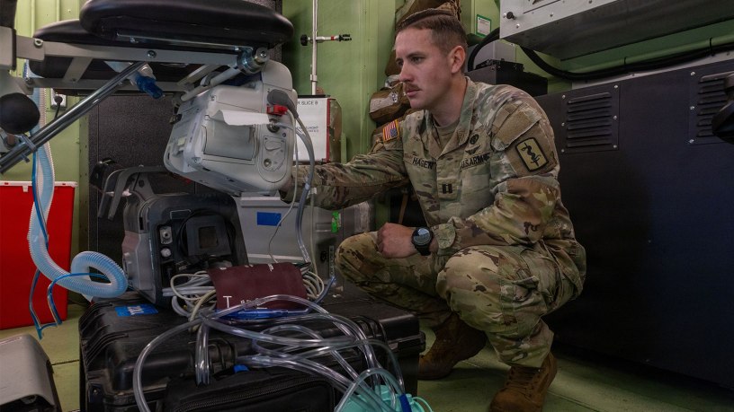 U.S. Army Capt. Josh Hagen, a critical care nurse assigned to the 67th Forward Resuscitative and Surgical Detachment, 519th Hospital Center, 30th Medical Brigade, prepares medical equipment inside an M1087 Expando Van at Rhine Ordnance Barracks, Germany, Oct. 5, 2026.