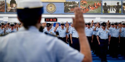 U.S. Coast Guard recruits train at Training Center Cape May, New Jersey, the Service’s sole enlisted accession point and basic training center. The Coast Guard enlisted 5,445 active-duty members in fiscal year 2026, surpassing its recruiting goal for the third consecutive year and marking its largest enlisted class in nearly four decades. (U.S. Coast Guard photo)