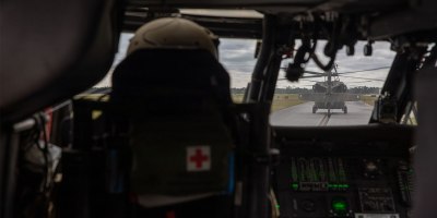 Florida Army National Guard Soldiers with Bravo Company, 1st Battalion, 185th Assault Helicopter Battalion depart Northwest Florida Beaches International Airport to continue search and rescue operations and survey damage following Hurricane Isaias in Panama City Beach, Florida, Oct. 10, 2026.