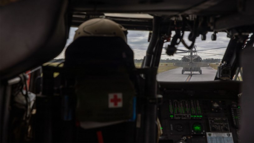 Florida Army National Guard Soldiers with Bravo Company, 1st Battalion, 185th Assault Helicopter Battalion depart Northwest Florida Beaches International Airport to continue search and rescue operations and survey damage following Hurricane Isaias in Panama City Beach, Florida, Oct. 10, 2026.